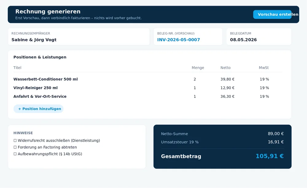Rechnung mit Positionen, Steuersätzen und Gesamtbetrag